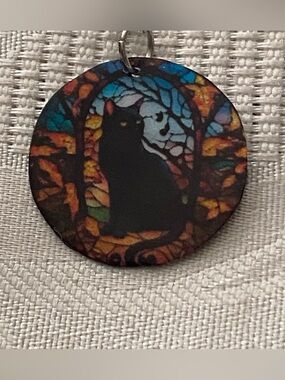 Dangle Earrings Black Cat Moon Forest 1” Round Handmade Witchy Goth New